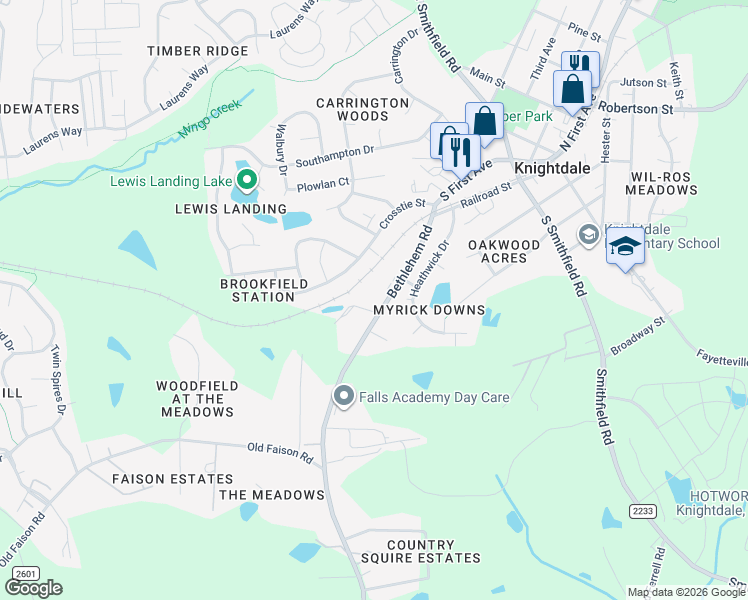 map of restaurants, bars, coffee shops, grocery stores, and more near 407 Bethlehem Road in Knightdale