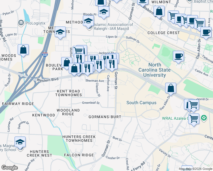 map of restaurants, bars, coffee shops, grocery stores, and more near 1110 Carlton Avenue in Raleigh