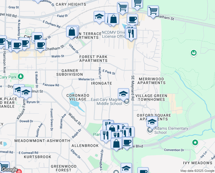 map of restaurants, bars, coffee shops, grocery stores, and more near 414 Ryan Road in Cary