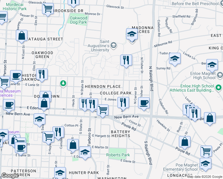 map of restaurants, bars, coffee shops, grocery stores, and more near 1214 Pender Street in Raleigh