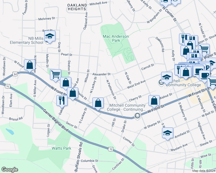map of restaurants, bars, coffee shops, grocery stores, and more near 229 North Patterson Street in Statesville