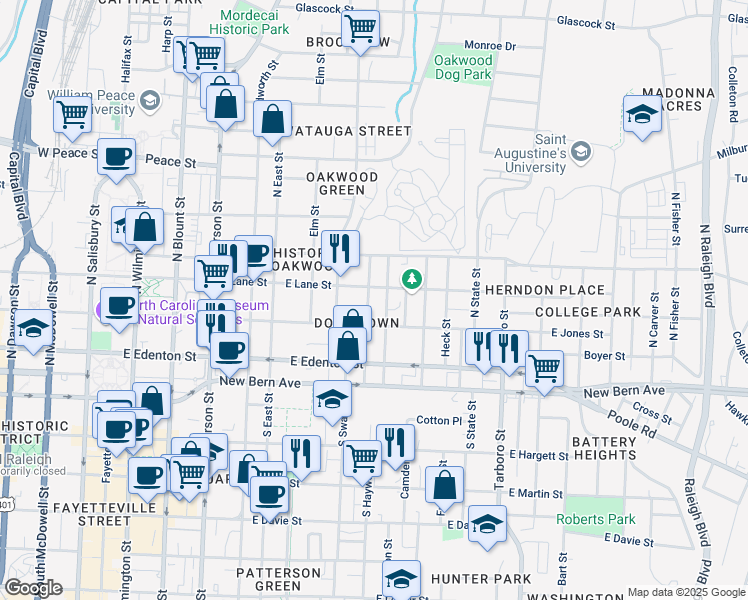 map of restaurants, bars, coffee shops, grocery stores, and more near in Raleigh