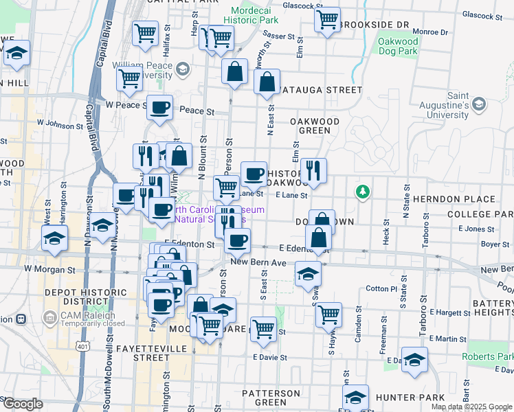 map of restaurants, bars, coffee shops, grocery stores, and more near 216 North Bloodworth Street in Raleigh