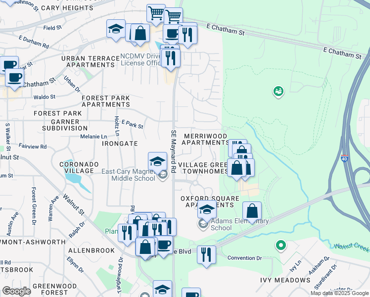 map of restaurants, bars, coffee shops, grocery stores, and more near 212 Molly Court in Cary