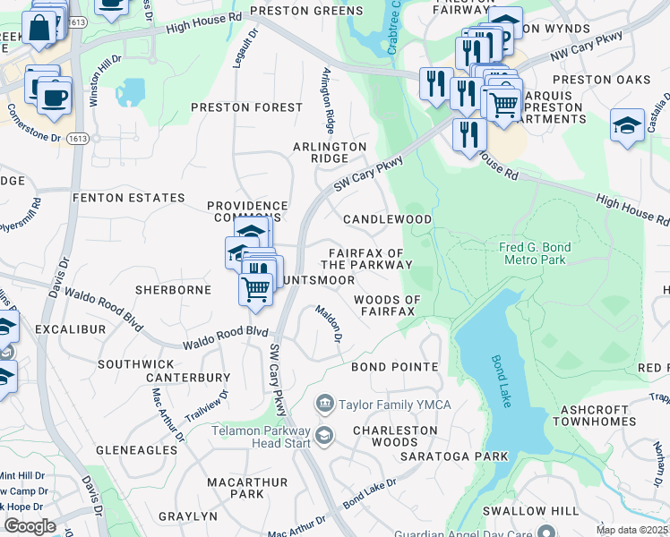map of restaurants, bars, coffee shops, grocery stores, and more near 106 Saddlehorn Court in Cary