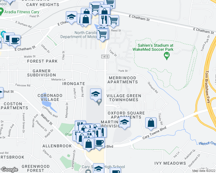 map of restaurants, bars, coffee shops, grocery stores, and more near 213 Molly Court in Cary
