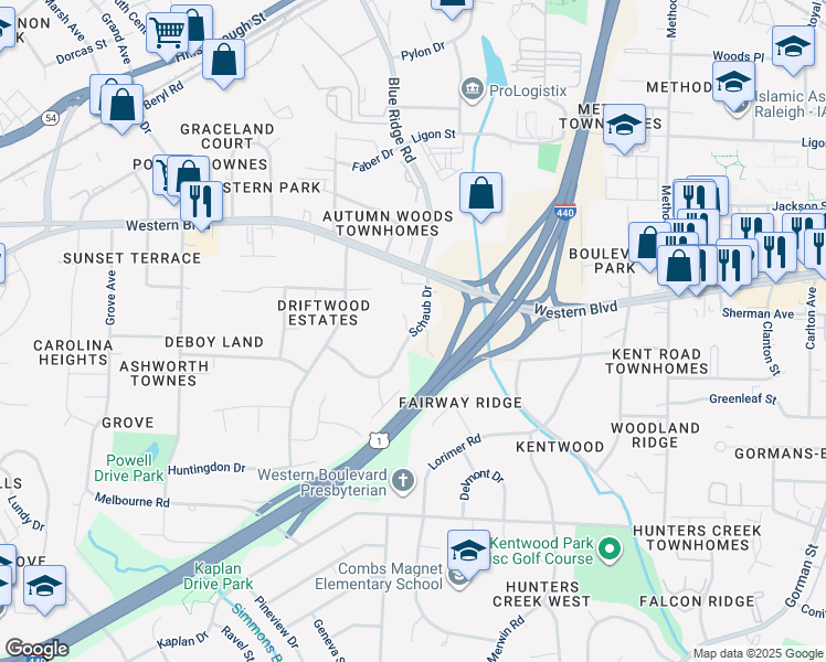 map of restaurants, bars, coffee shops, grocery stores, and more near 1004 Sandlin Place in Raleigh