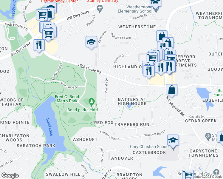 map of restaurants, bars, coffee shops, grocery stores, and more near 107 Ridge Hollow Court in Cary