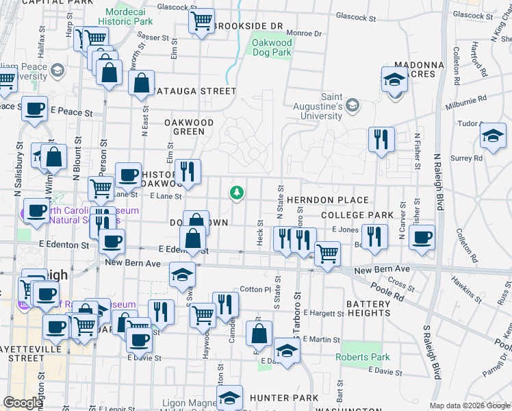 map of restaurants, bars, coffee shops, grocery stores, and more near 206 Idlewild Avenue in Raleigh
