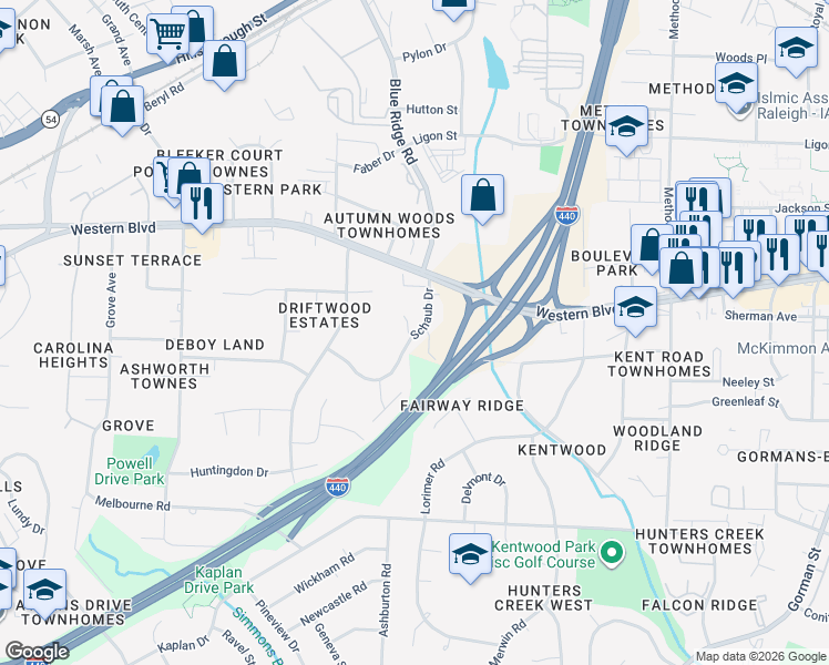 map of restaurants, bars, coffee shops, grocery stores, and more near 1025 Schaub Drive in Raleigh