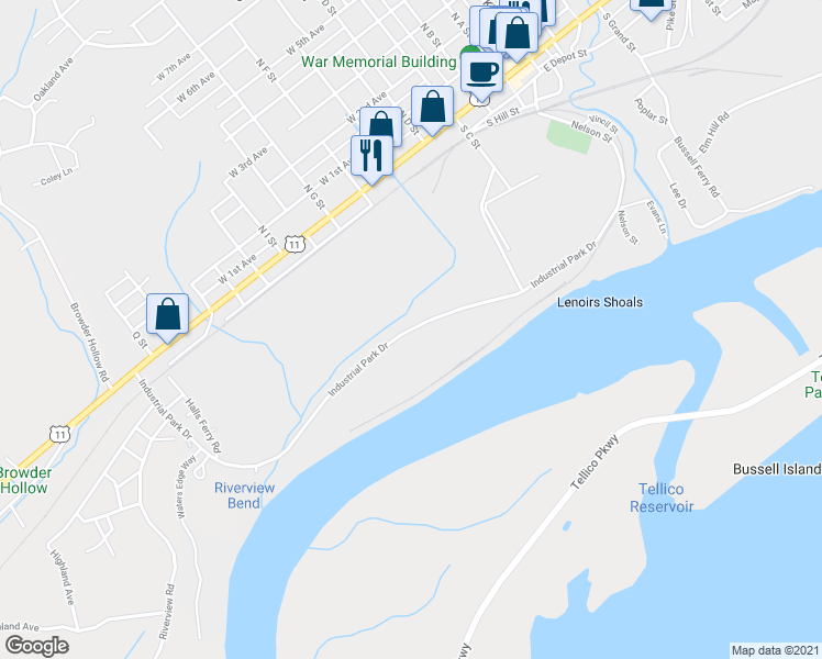 map of restaurants, bars, coffee shops, grocery stores, and more near 3700 Industrial Park Drive in Lenoir City