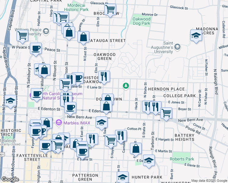 map of restaurants, bars, coffee shops, grocery stores, and more near in Raleigh