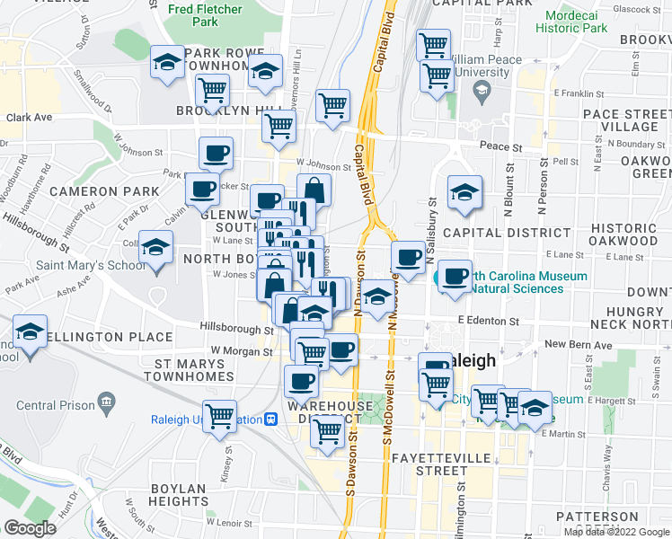 map of restaurants, bars, coffee shops, grocery stores, and more near 125 North Harrington Street in Raleigh
