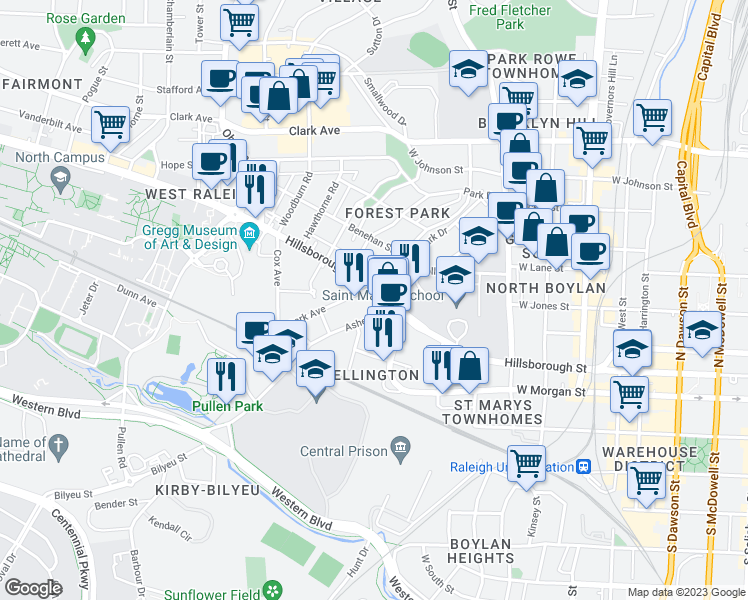 map of restaurants, bars, coffee shops, grocery stores, and more near in Raleigh