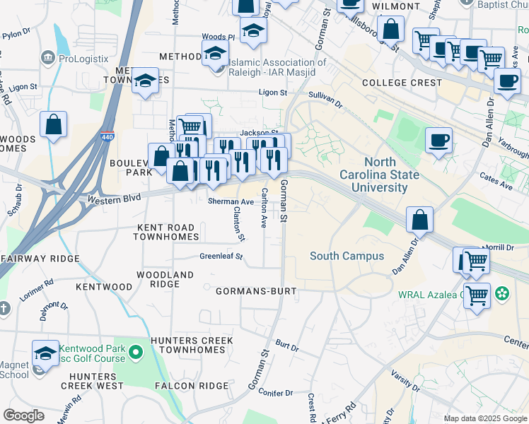 map of restaurants, bars, coffee shops, grocery stores, and more near 1123 Carlton Avenue in Raleigh