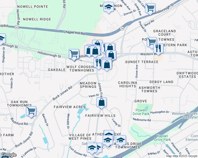 map of restaurants, bars, coffee shops, grocery stores, and more near 124 Jones Franklin Road in Raleigh