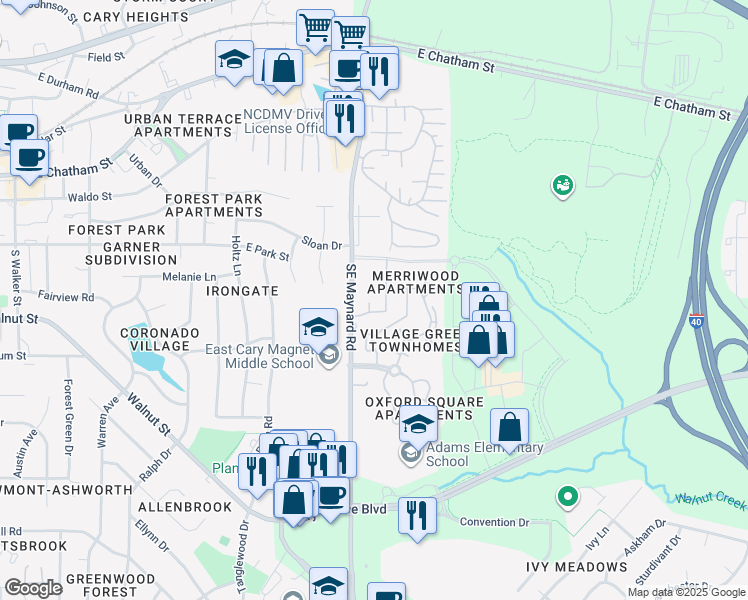 map of restaurants, bars, coffee shops, grocery stores, and more near 112 Maynard Summit Way in Cary