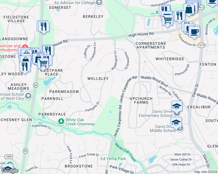 map of restaurants, bars, coffee shops, grocery stores, and more near 120 Bergeron Way in Cary