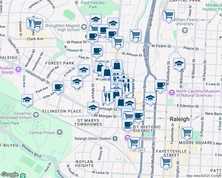 map of restaurants, bars, coffee shops, grocery stores, and more near 617 West Jones Street in Raleigh
