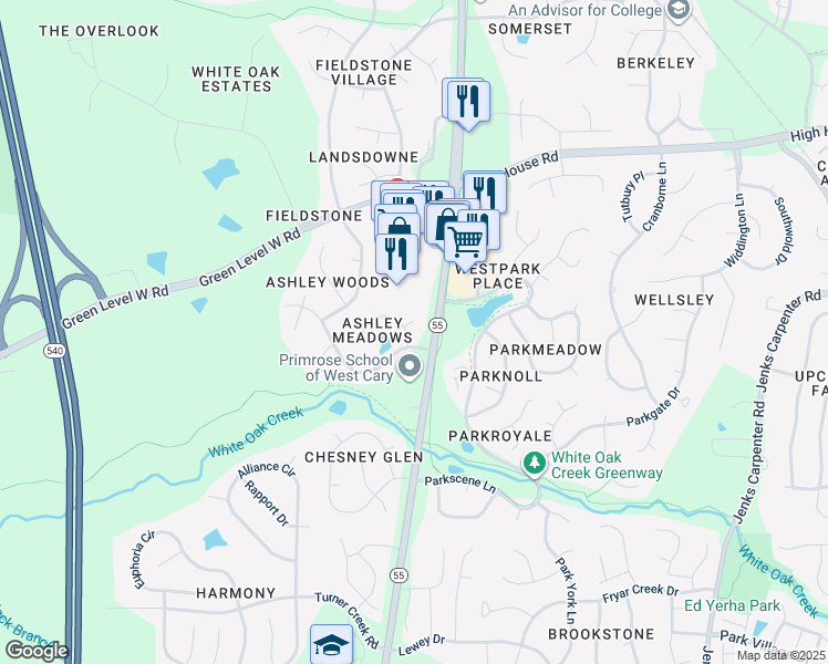 map of restaurants, bars, coffee shops, grocery stores, and more near 100 Carbon Hill Court in Cary