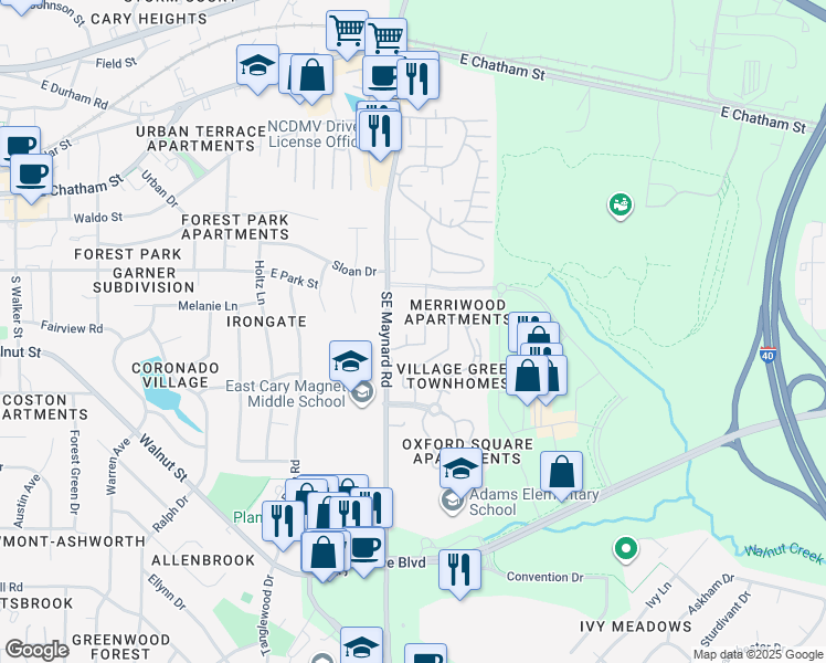 map of restaurants, bars, coffee shops, grocery stores, and more near 112 Maynard Summit Way in Cary