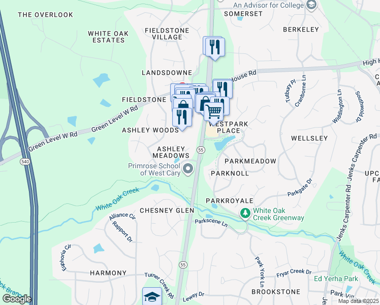 map of restaurants, bars, coffee shops, grocery stores, and more near 100 Carbon Hill Court in Cary