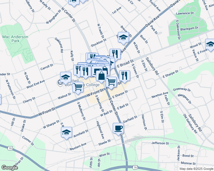 map of restaurants, bars, coffee shops, grocery stores, and more near 227 South Center Street in Statesville