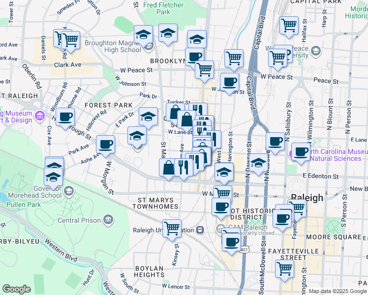 map of restaurants, bars, coffee shops, grocery stores, and more near 628 West Jones Street in Raleigh