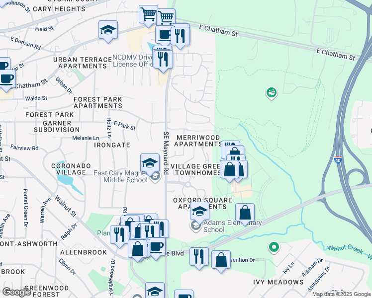 map of restaurants, bars, coffee shops, grocery stores, and more near 220 Maynard Summit Way in Cary