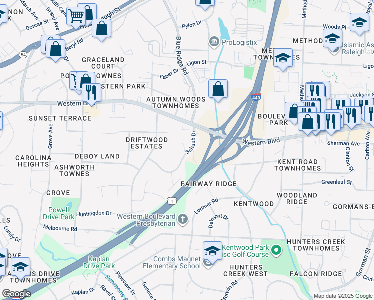 map of restaurants, bars, coffee shops, grocery stores, and more near 1022 Sandlin Place in Raleigh