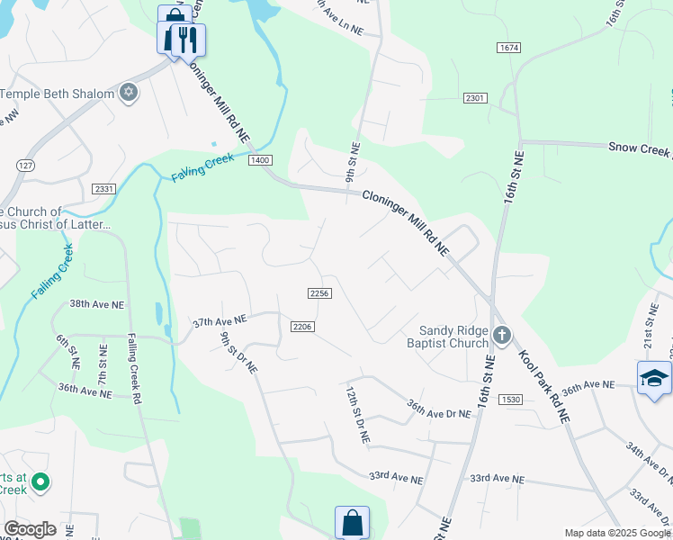 map of restaurants, bars, coffee shops, grocery stores, and more near 3883 12th Street Northeast in Hickory