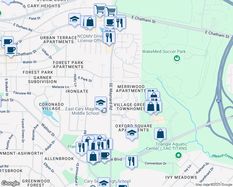 map of restaurants, bars, coffee shops, grocery stores, and more near 218 Molly Court in Cary