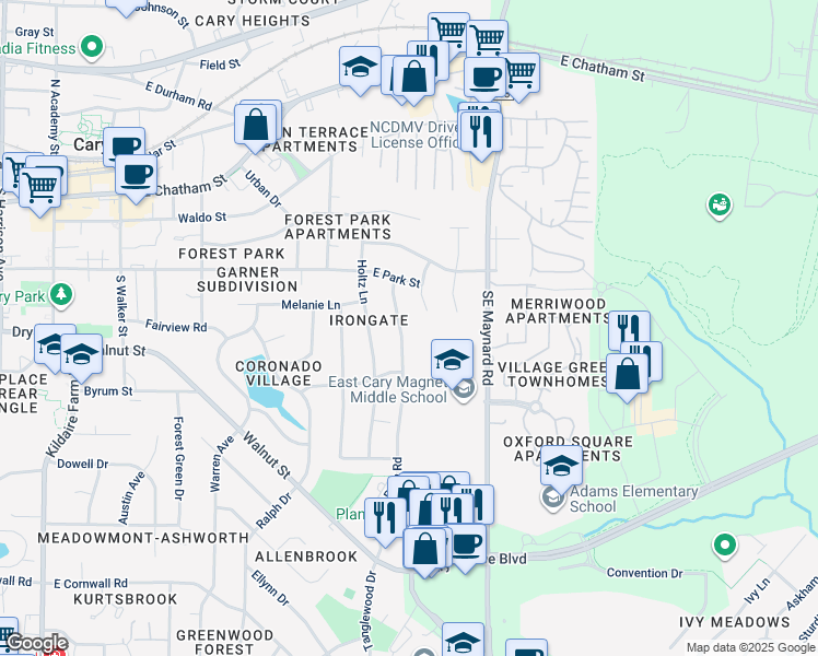 map of restaurants, bars, coffee shops, grocery stores, and more near 411 Ryan Road in Cary