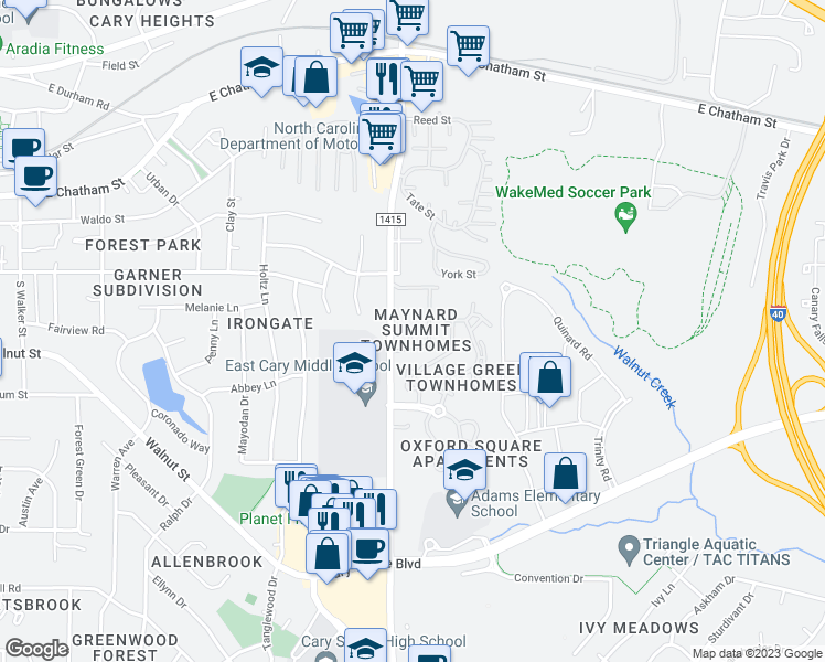 map of restaurants, bars, coffee shops, grocery stores, and more near 216 Molly Court in Cary