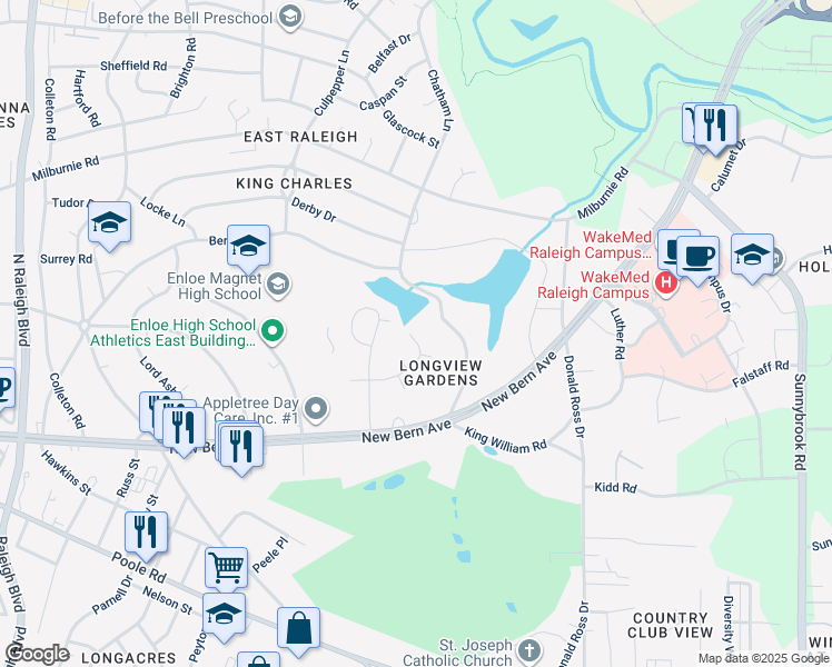 map of restaurants, bars, coffee shops, grocery stores, and more near 2428 Calvert Drive in Raleigh