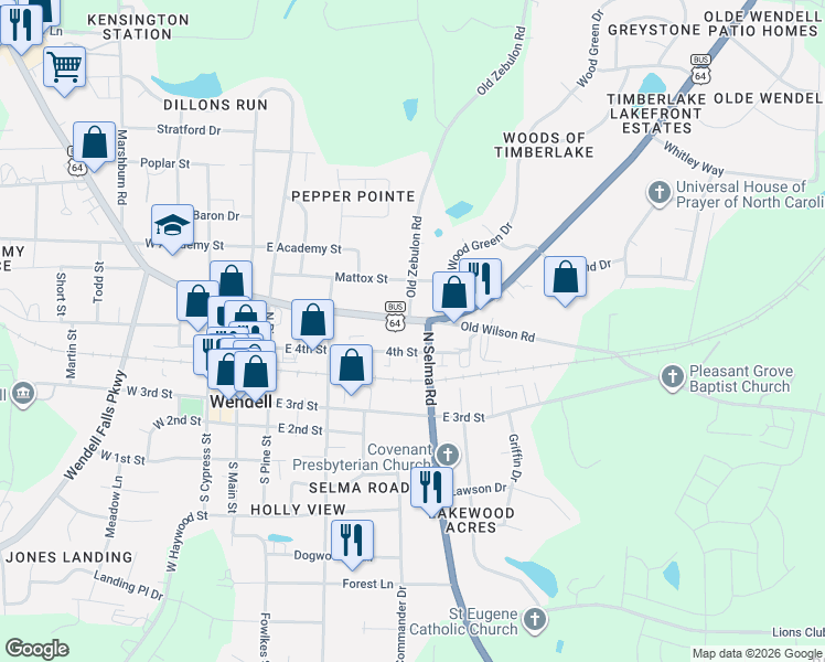 map of restaurants, bars, coffee shops, grocery stores, and more near 370 4th Street in Wendell