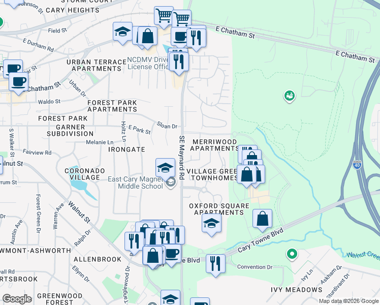 map of restaurants, bars, coffee shops, grocery stores, and more near 112 Maynard Summit Way in Cary