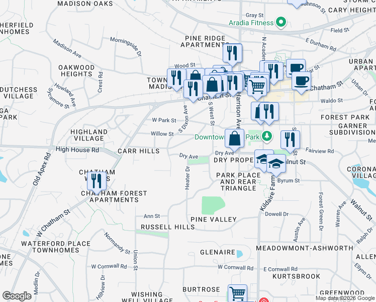 map of restaurants, bars, coffee shops, grocery stores, and more near 400 South West Street in Cary