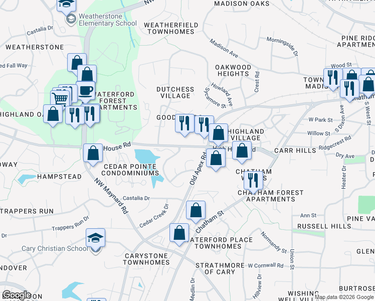 map of restaurants, bars, coffee shops, grocery stores, and more near 104 Marshfield Place in Cary