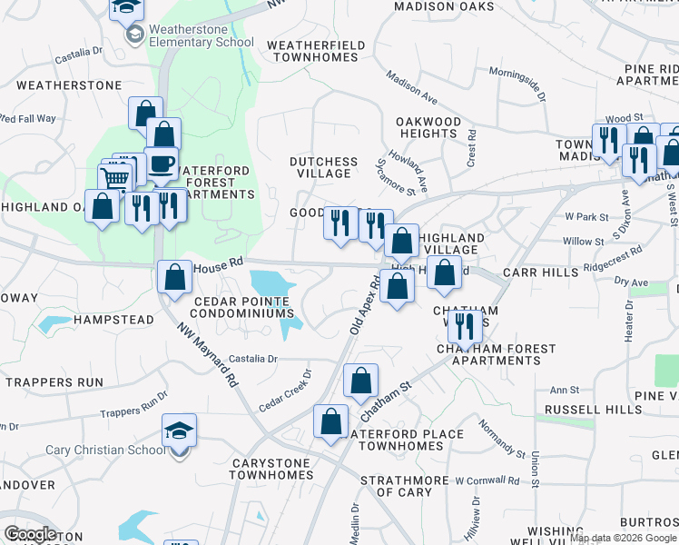map of restaurants, bars, coffee shops, grocery stores, and more near 104 Marshfield Place in Cary