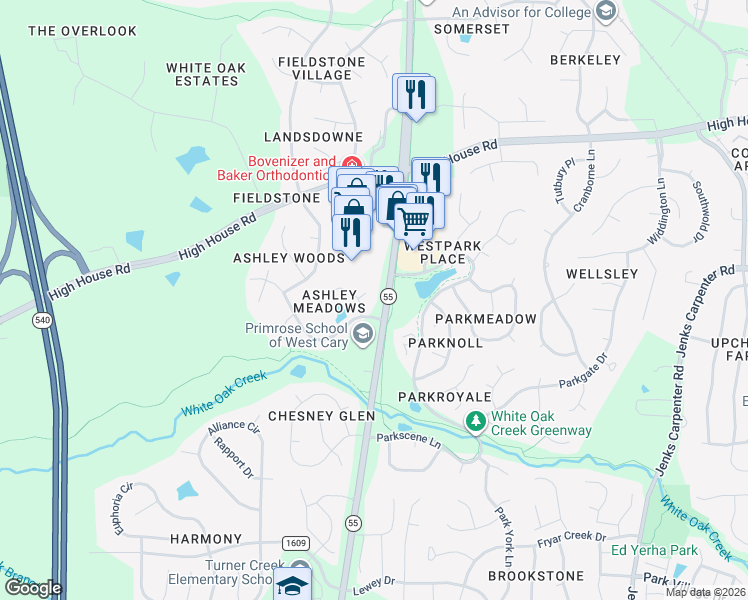 map of restaurants, bars, coffee shops, grocery stores, and more near 110 Park Oaks Court in Cary