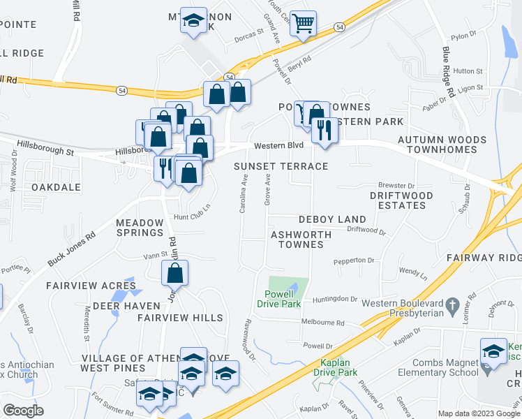 map of restaurants, bars, coffee shops, grocery stores, and more near 624 Grove Avenue in Raleigh