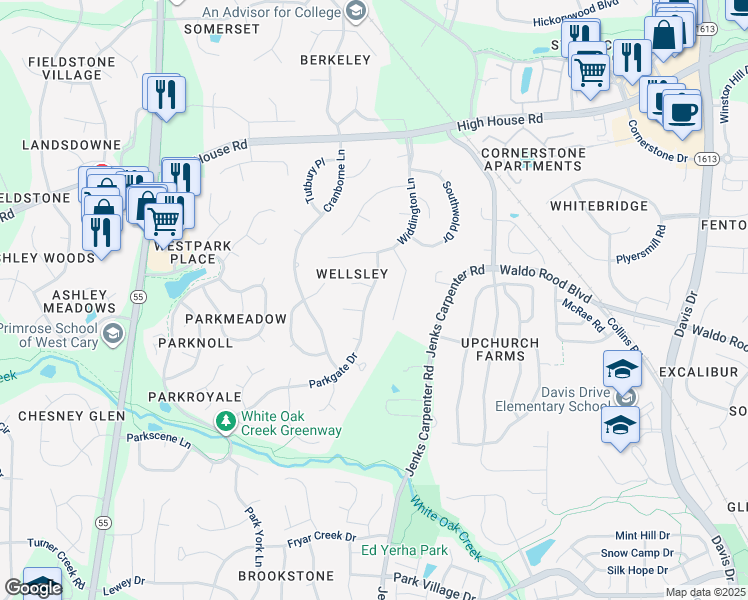 map of restaurants, bars, coffee shops, grocery stores, and more near 304 Parkgate Drive in Cary