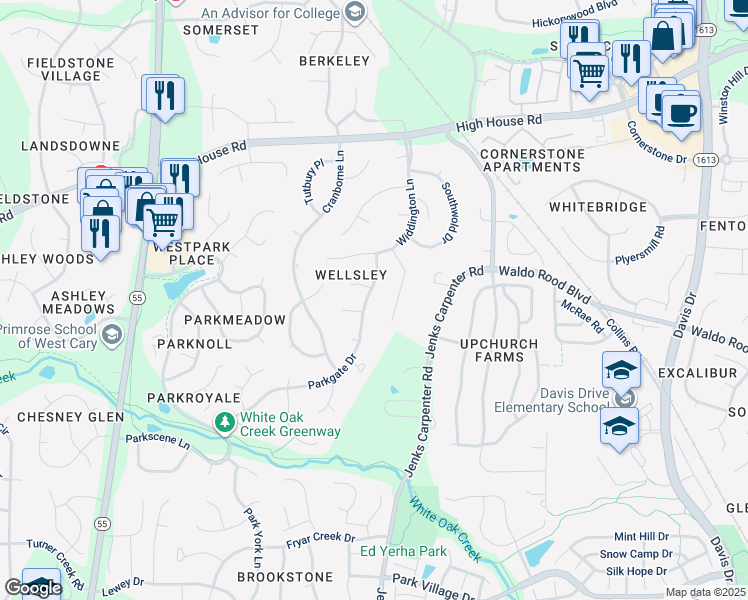 map of restaurants, bars, coffee shops, grocery stores, and more near 304 Parkgate Drive in Cary