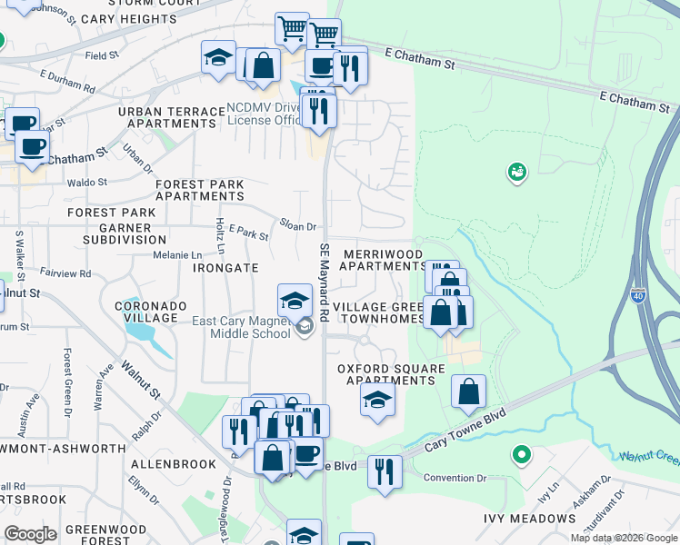 map of restaurants, bars, coffee shops, grocery stores, and more near 112 Maynard Summit Way in Cary