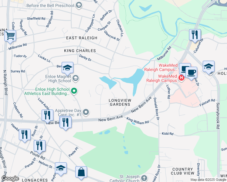 map of restaurants, bars, coffee shops, grocery stores, and more near 2428 Calvert Drive in Raleigh