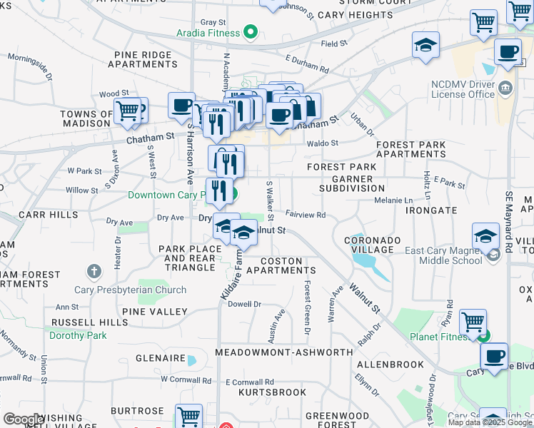 map of restaurants, bars, coffee shops, grocery stores, and more near 331 Walker Street in Cary