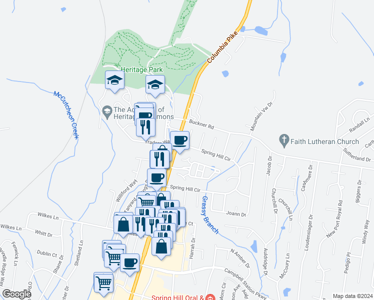 map of restaurants, bars, coffee shops, grocery stores, and more near 2204 Spring Hill Circle in Spring Hill