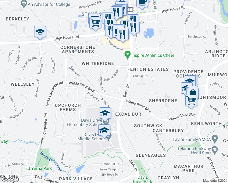 map of restaurants, bars, coffee shops, grocery stores, and more near Daylin Drive in Cary