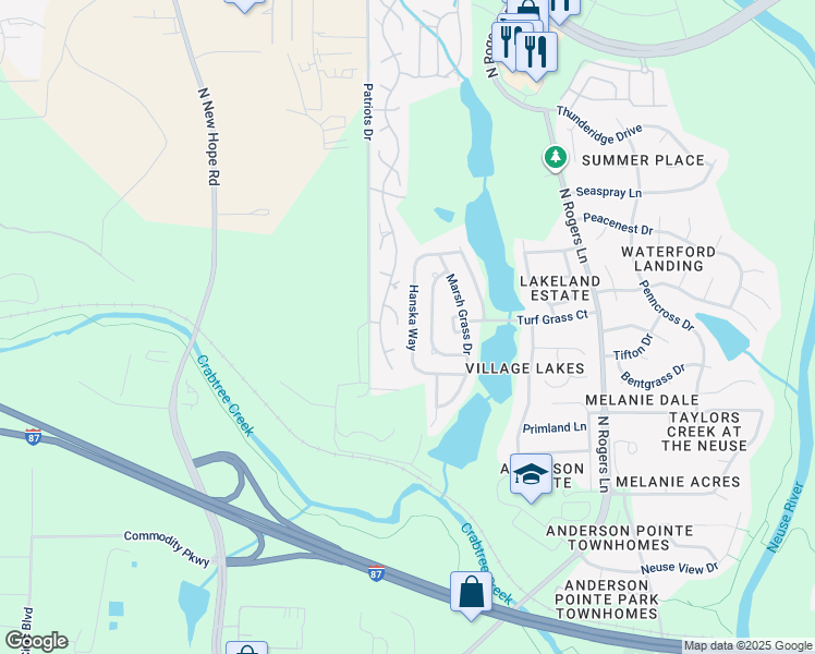 map of restaurants, bars, coffee shops, grocery stores, and more near 613 Hanska Way in Raleigh